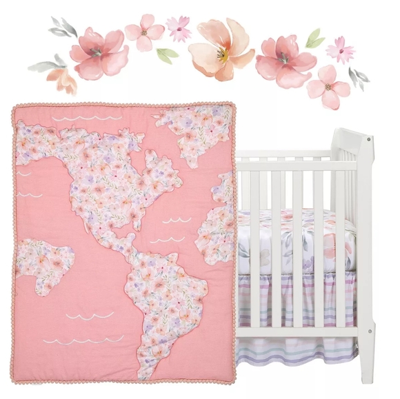 Lambs & Ivy Baby Girls Rule the World Pink Floral 5 Pc Nursery Crib Bedding Set - Picture 3 of 16